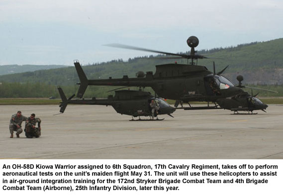 An OH-58D Kiowa Warrior assigned to 6th Squadron, 17th Cavalry Regiment, takes off to perform aeronautical tests on the unit�s maiden flight May 31. The unit will use these helicopters to assist in air-ground integration training for the 172nd Stryker Brigade Combat Team and 4th Brigade Combat Team (Airborne), 25th Infantry Division, later this year.